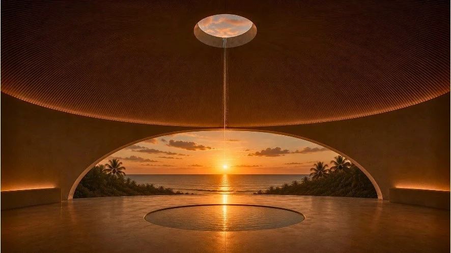 Espacio de contemplación de Existence frente al atardecer