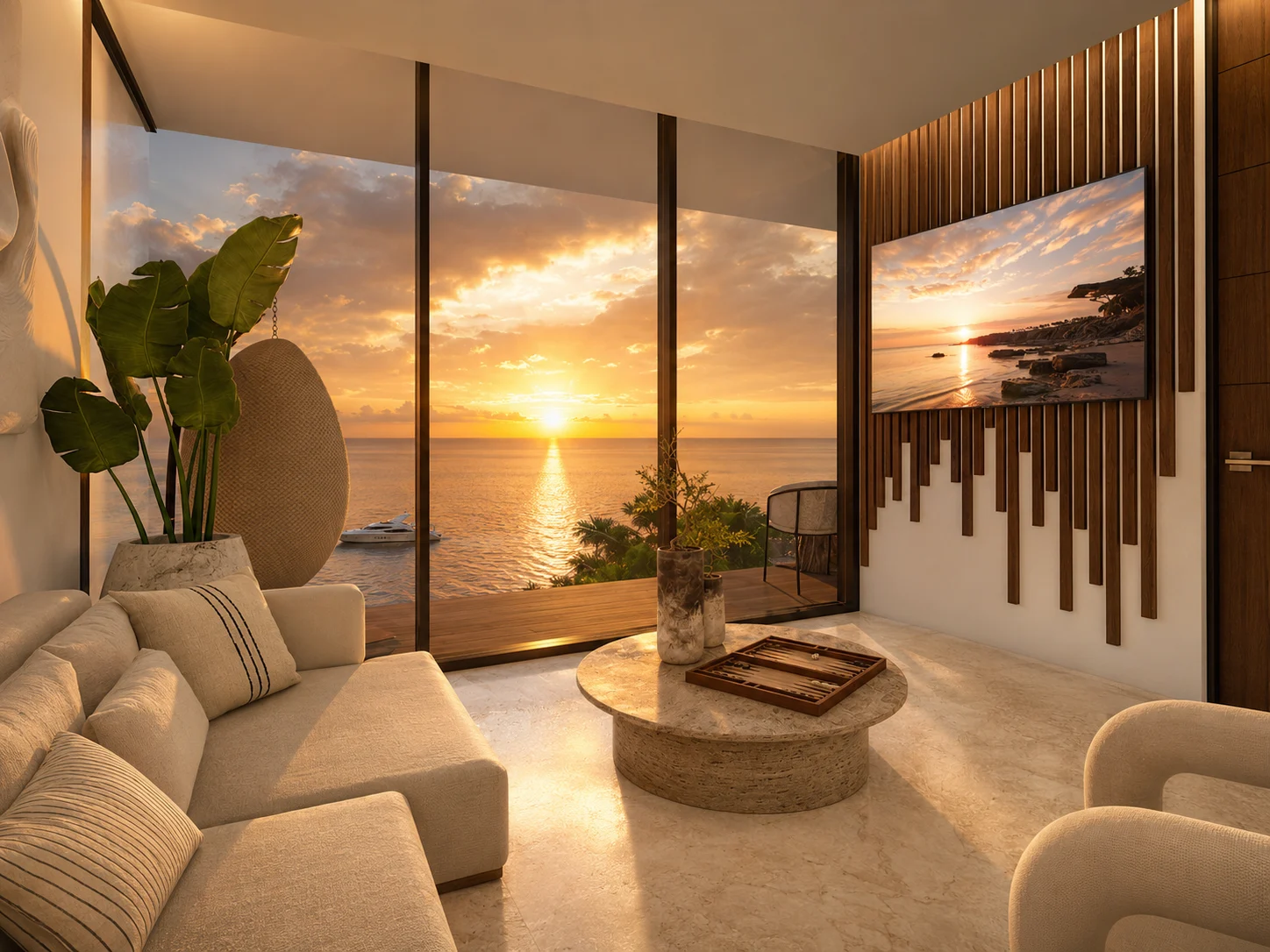Sala de una residencia de Existence con vista al atardecer sobre el mar