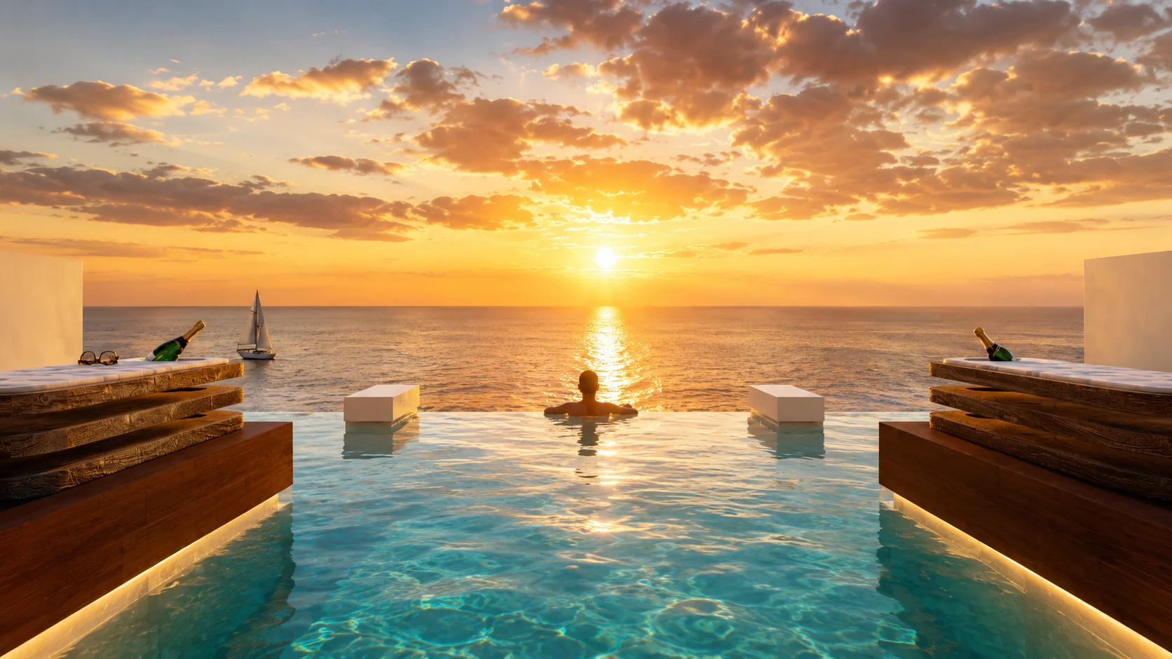 Alberca con vista al atardecer en Existence Cozumel