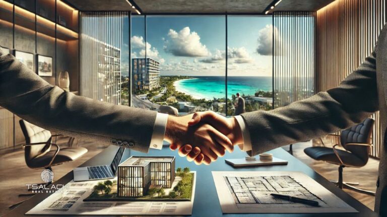 Estrechamiento de manos entre un máster bróker y un desarrollador inmobiliario, simbolizando colaboración y éxito en un entorno profesional con vistas a un destino paradisiaco.