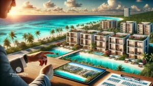 Bróker inmobiliario presentando un proyecto a un cliente en un destino de ensueño en donde se ve un desarrollo frente a la playa con un entorno tropical vibrante.