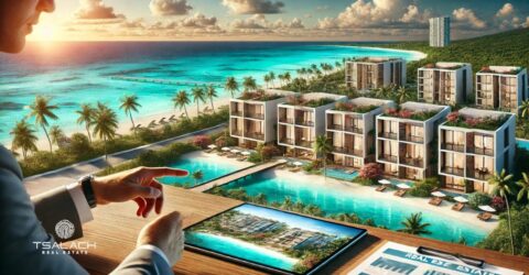 Bróker inmobiliario presentando un proyecto a un cliente en un destino de ensueño en donde se ve un desarrollo frente a la playa con un entorno tropical vibrante.