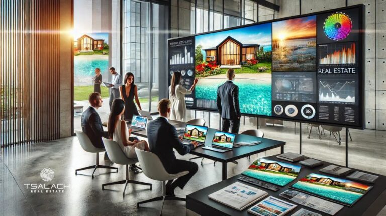 Espacio de trabajo moderno con especialistas en marketing presentando una campaña digital segmentada, con elementos tecnológicos y creativos que destacan el enfoque en la experiencia del cliente.