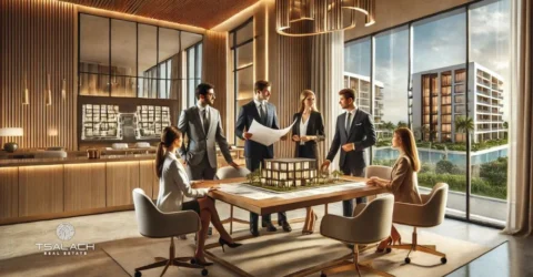 Equipo profesional de ventas inmobiliarias trabajando en un entorno moderno y sofisticado, con vistas a un destino tropical como Cancún o Punta Cana.