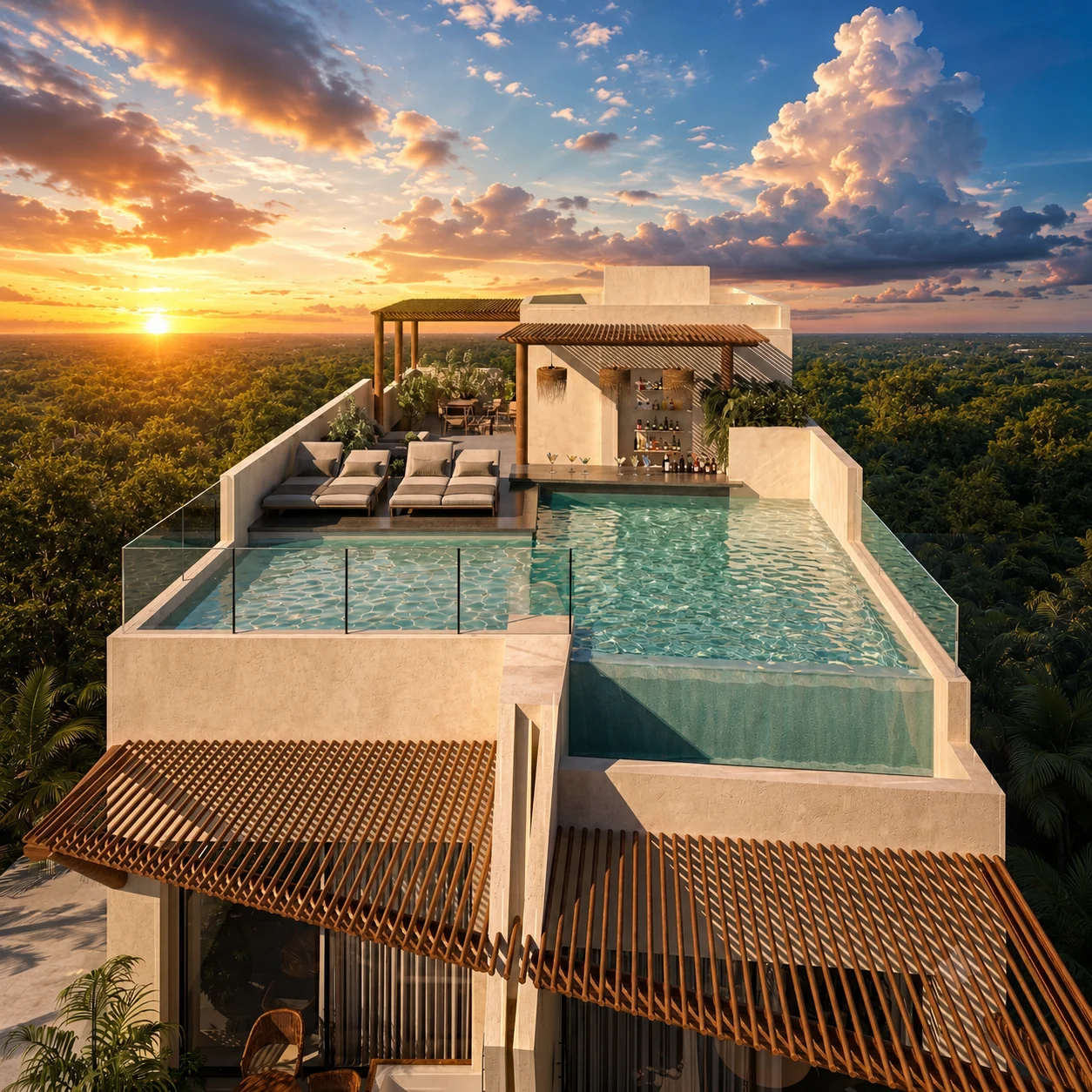 Rooftop e infinity pool de THEA Condos al atardecer