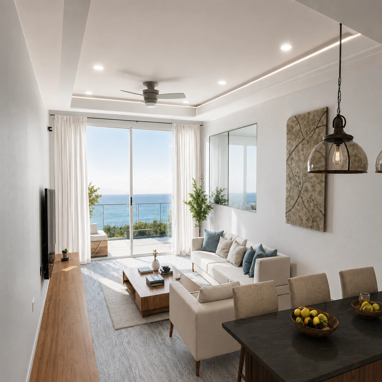 Sala de THEA Condos con vista al mar Caribe