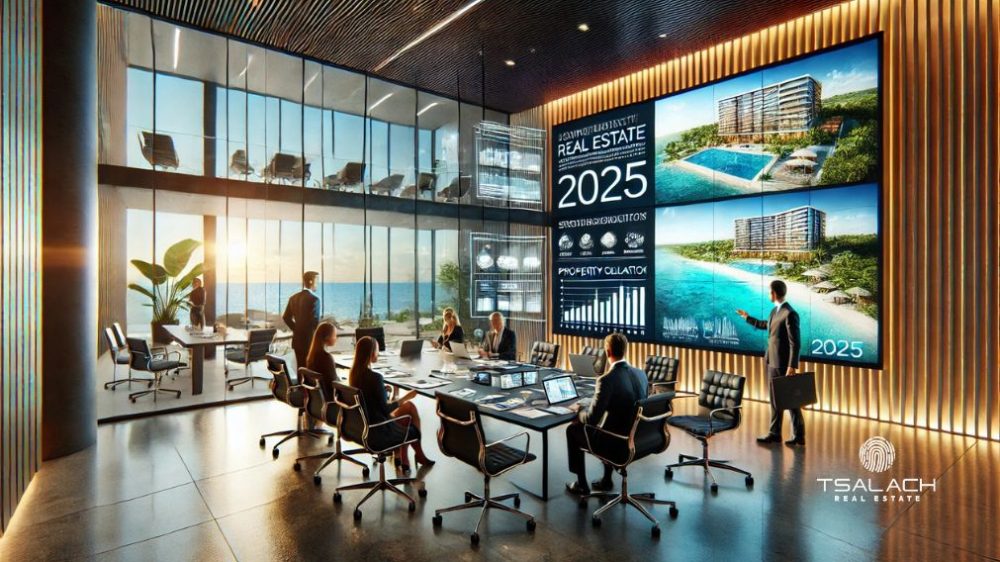 Entorno innovador y colaborativo en el mercado inmobiliario de 2025. La escena muestra un equipo trabajando estratégicamente en un espacio moderno con vistas tropicales y herramientas tecnológicas avanzadas.