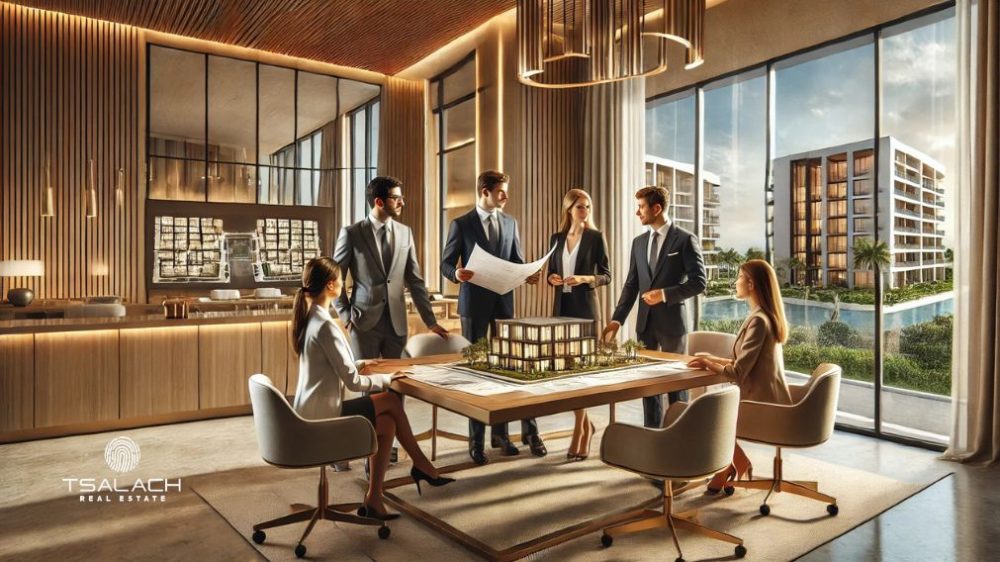 Equipo profesional de ventas inmobiliarias trabajando en un entorno moderno y sofisticado, con vistas a un destino tropical como Cancún o Punta Cana.
