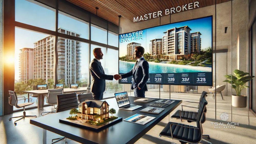 Un máster bróker colaborando con un desarrollador inmobiliario en un entorno moderno y profesional. Destaca la planificación y la colaboración estratégica con vistas a propiedades frente a la playa.