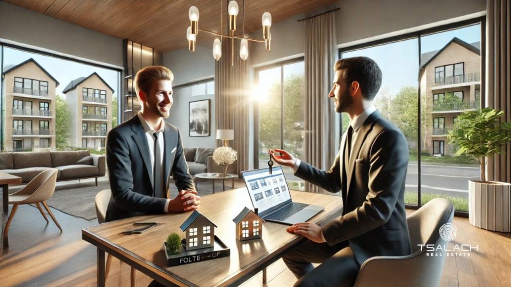 Agente inmobiliario brindando atención postventa a un cliente en un entorno profesional y luminoso. La escena destaca confianza, satisfacción y la importancia de construir relaciones sólidas después de la venta.