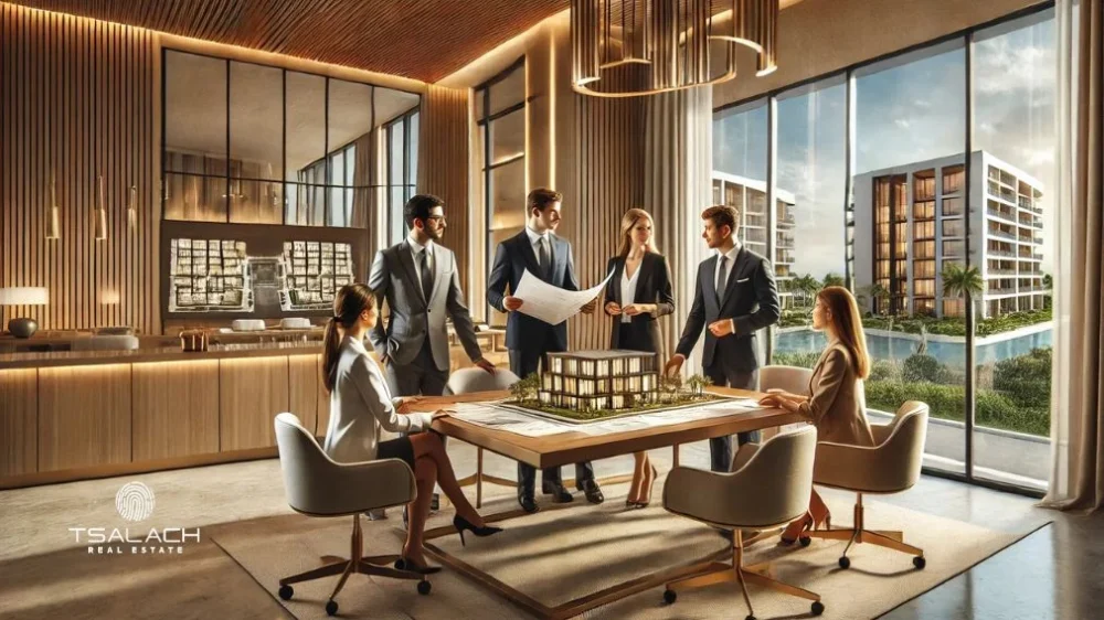 Equipo profesional de ventas inmobiliarias trabajando en un entorno moderno y sofisticado, con vistas a un destino tropical como Cancún o Punta Cana.