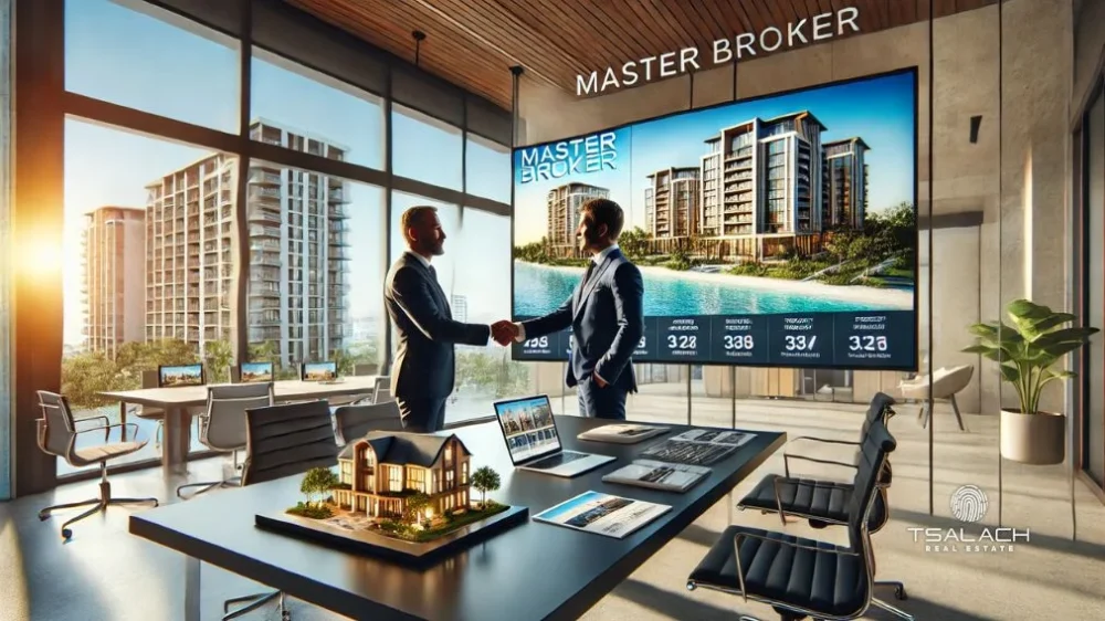 Un máster bróker colaborando con un desarrollador inmobiliario en un entorno moderno y profesional. Destaca la planificación y la colaboración estratégica con vistas a propiedades frente a la playa.